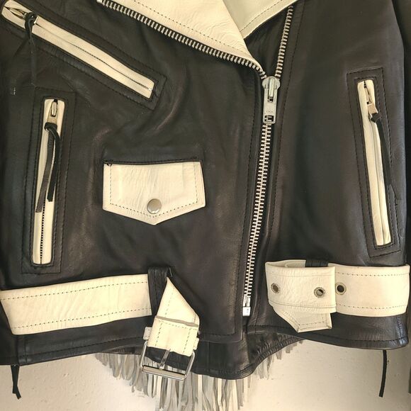 VTG Leather King Black & White Fringe Moto Jacket Braided Western Biker Women XL - Picture 5 of 16
